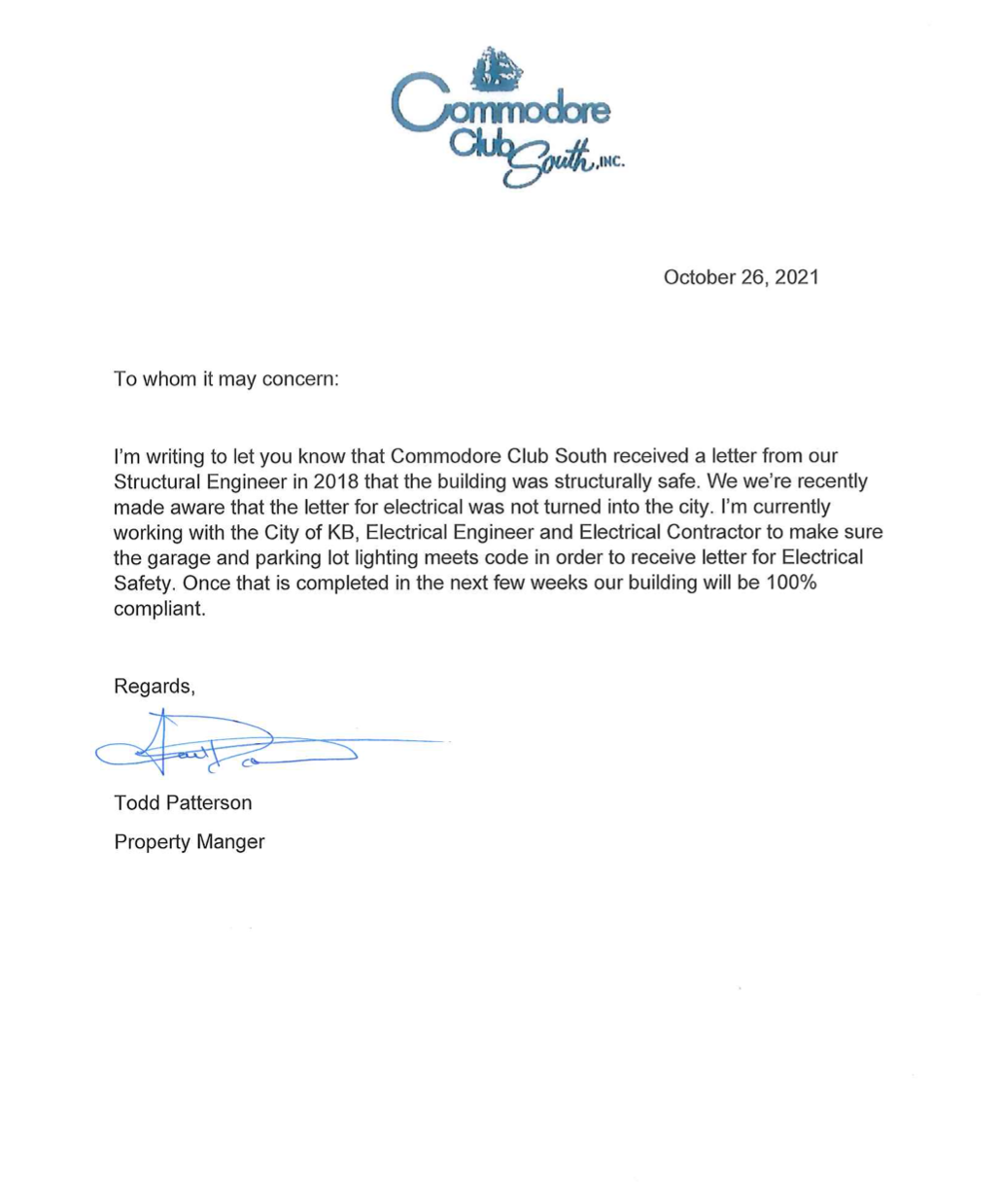 Todd Patterson letter to the Village